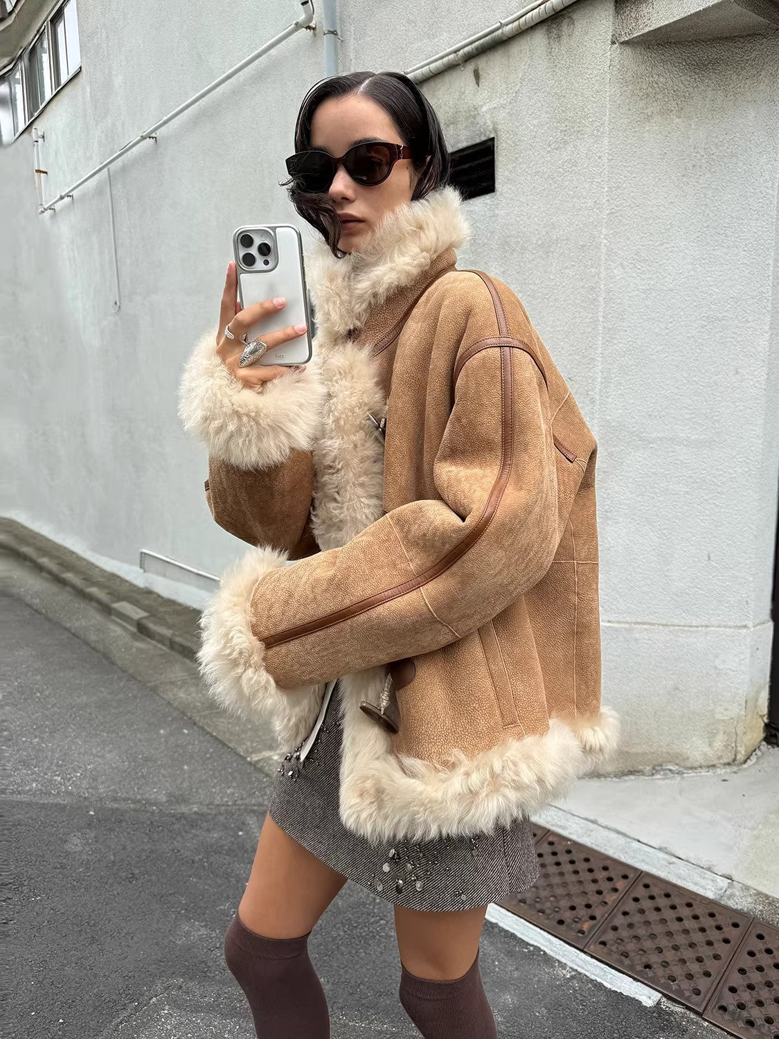 Firelady Fur Women's Shearling Coat | Merino Wool & Curly Toca Trim, Imported Two-Tone Plush Shawl Collar“Galaxy Gala”