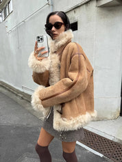 Firelady Fur Women's Shearling Coat | Merino Wool & Curly Toca Trim, Imported Two-Tone Plush Shawl Collar“Galaxy Gala”