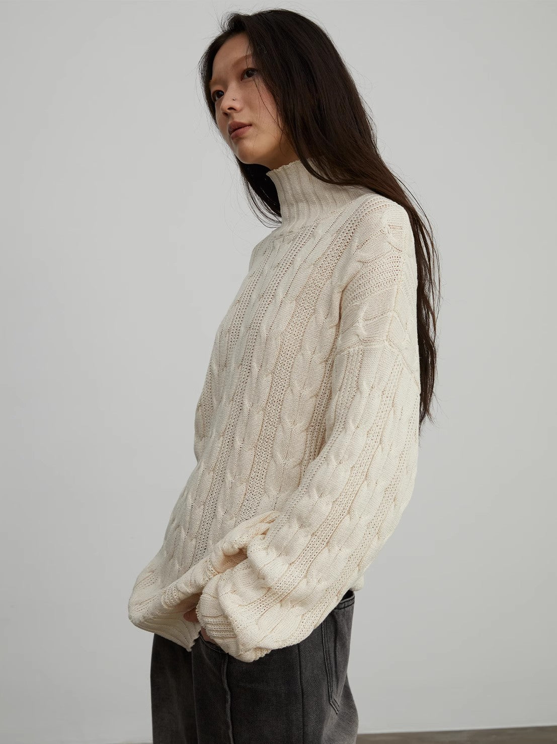 Warm family Jacquard Loose Straight Turtleneck Knit Sweater