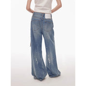 "Uninhibited splicing" retro design mid-low waist washed ripped hole splattered paint cloth patch wide-leg jeans