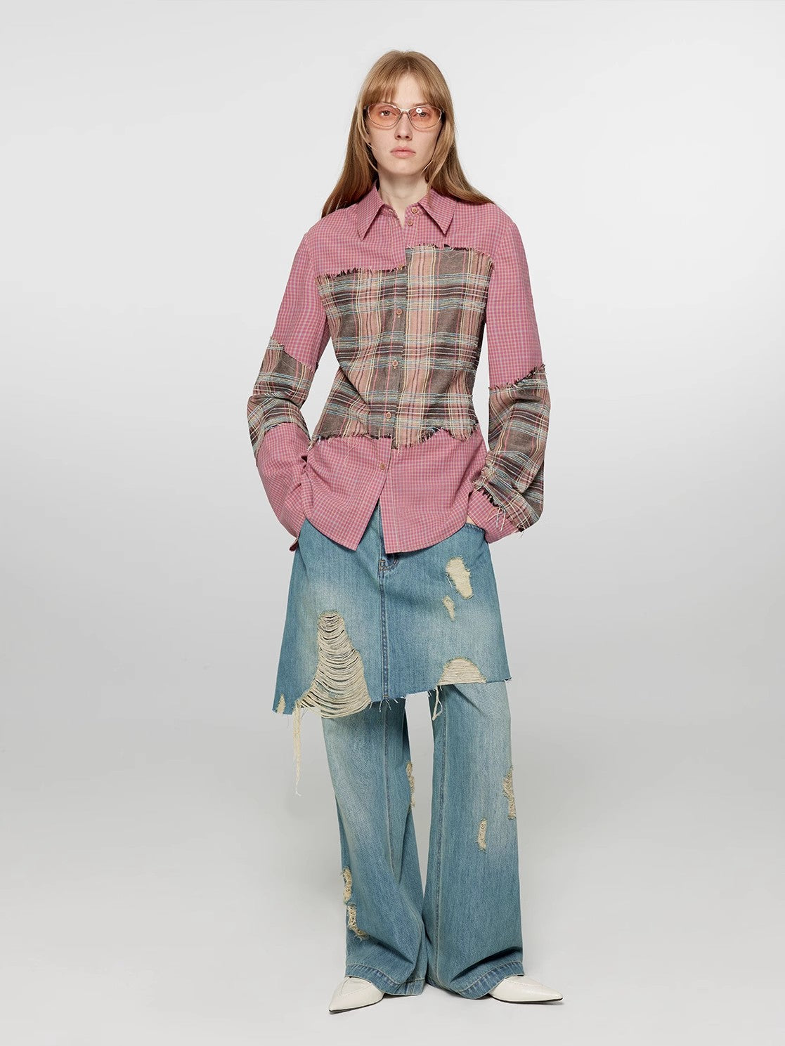 "Fashionable Sniper" Tencel blended fake two-piece stitching jeans women's ripped raw edge straight wide-leg pants