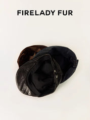 Firelady Fur | Women‘s Leather Beret in Distressed Denim with Waxed Velvet Flock