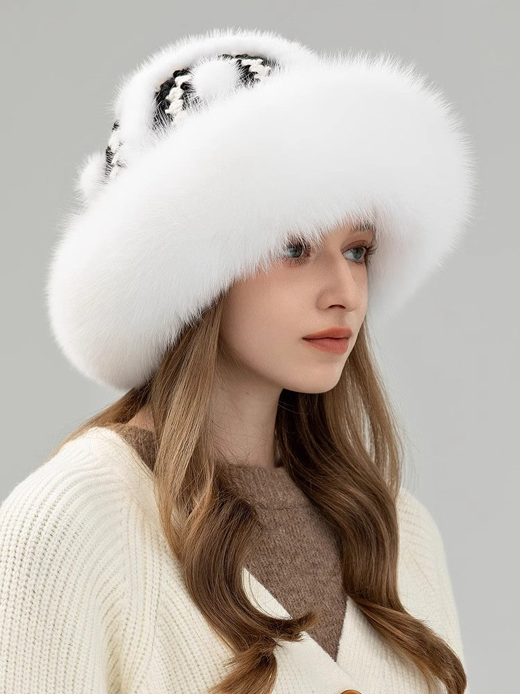 Ethnic style mink warm ear protection fox fur bucket hat