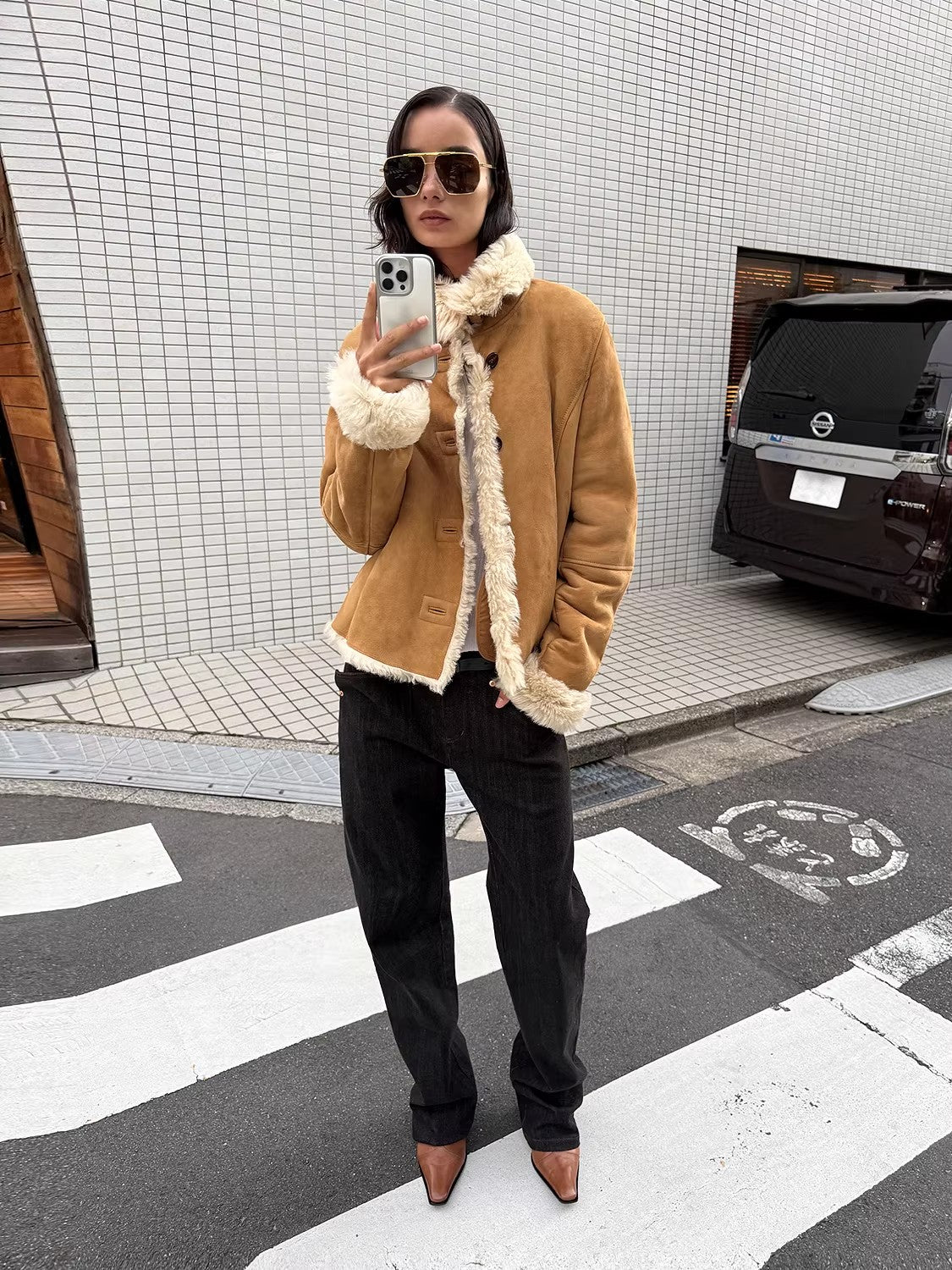 Firelady Fur Women’s Shearling Coat Crafted with Italian Contrast Suede & Tuscan Shearling“Winter Mochi”