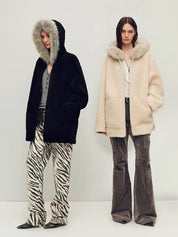 Firelady Fur Women's Merino Shearling Coat | Layered Patch-Dyed Raccoon Fur Collar“Hokkaido Melody”