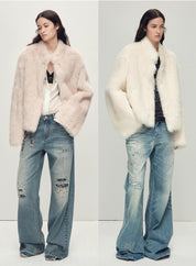Fireladyfur Women's Casual Drop Shoulder Stand Collar Sheepskin Coat"Practical Wearism"