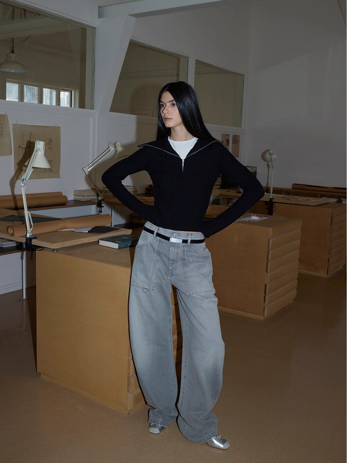 Merino wool stretch ribbed zip-up sweater "Fallen Leaf Street"