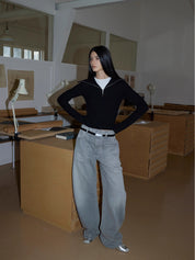 Merino wool stretch ribbed zip-up sweater "Fallen Leaf Street"