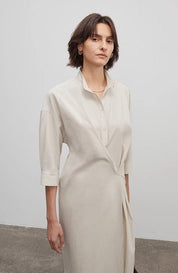 "Origami Narrative" Stand Collar Wrap Dress Women's Mid Sleeve Shirt Dress Long Dress