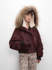 Cool and Sharp, fashionable casual design, warm short style, large hood, raccoon fur collar style jacket