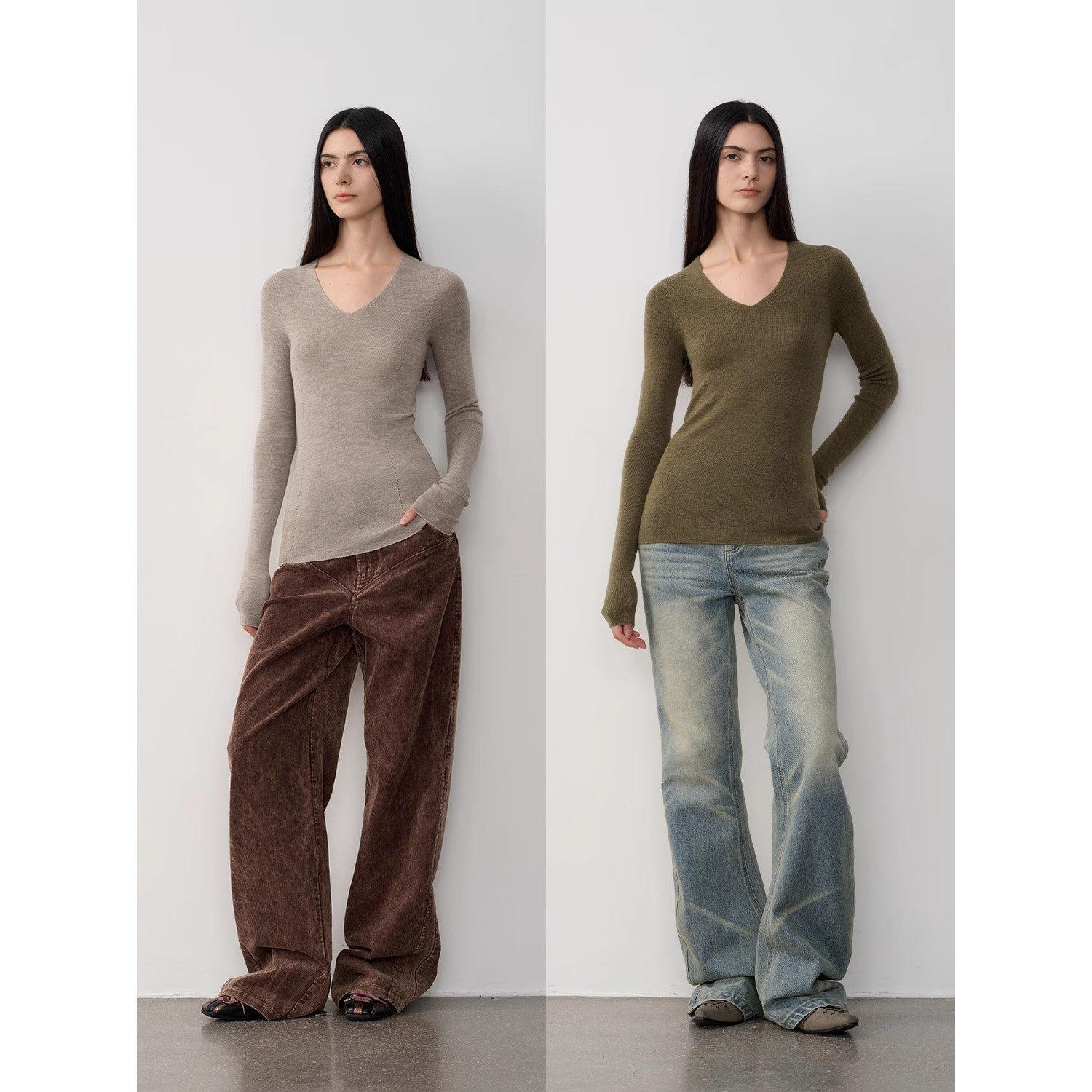 "Self-Life"Yangzi Machine Washable Seamless V-Neck Merino Wool Knit Bottom Shirt