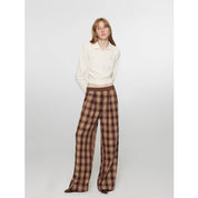 "Patchwork Street Corner" Dyed Retro Plaid Casual Pants for Women, Elastic Waist, Straight-Leg, Wide-Leg Long Trousers