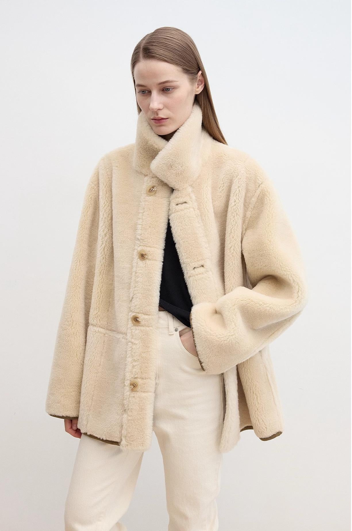 “Vintage Manor”High Quality Wool Contrast Lapel Reversible Artificial Compound Suede Shearling jacket