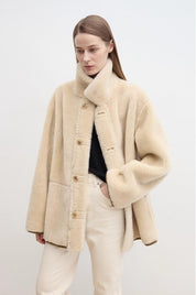 “Vintage Manor”High Quality Wool Contrast Lapel Reversible Artificial Compound Suede Shearling jacket