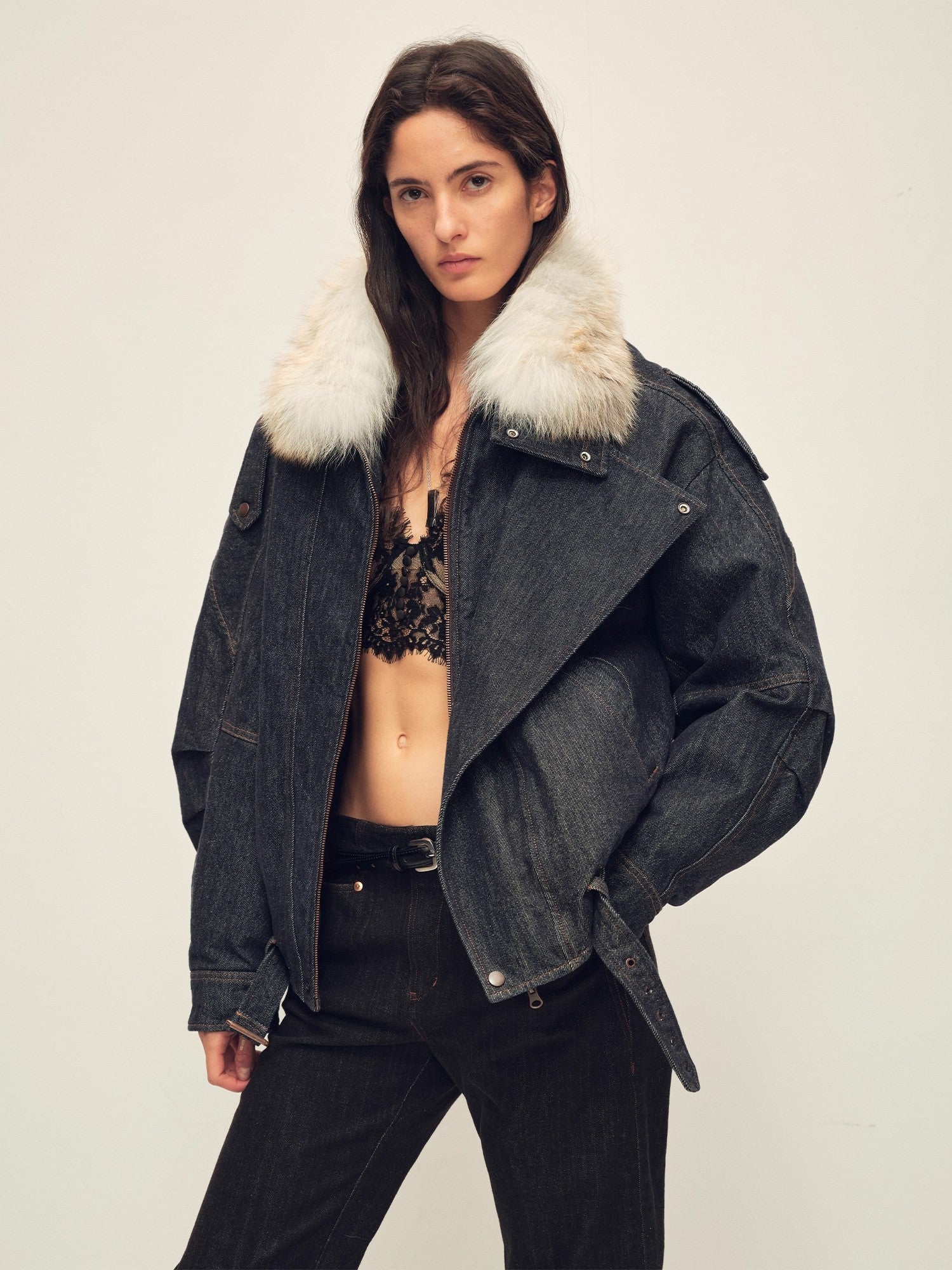 Fireladyfur Women’s Flocked Denim Goose Down Parka with Detachable Fox Fur Collar“City Travel”