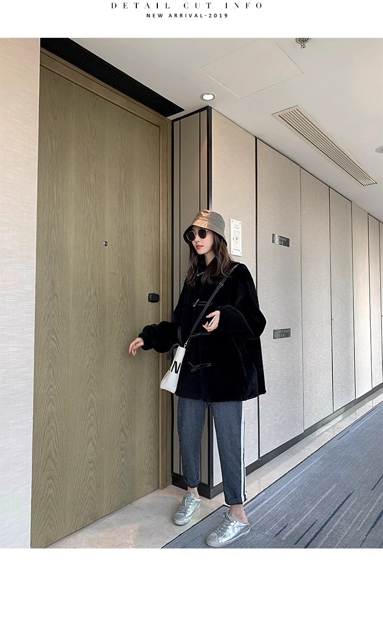 "Yemora" imported merino wool sheepskin small stand collar fur coat for women