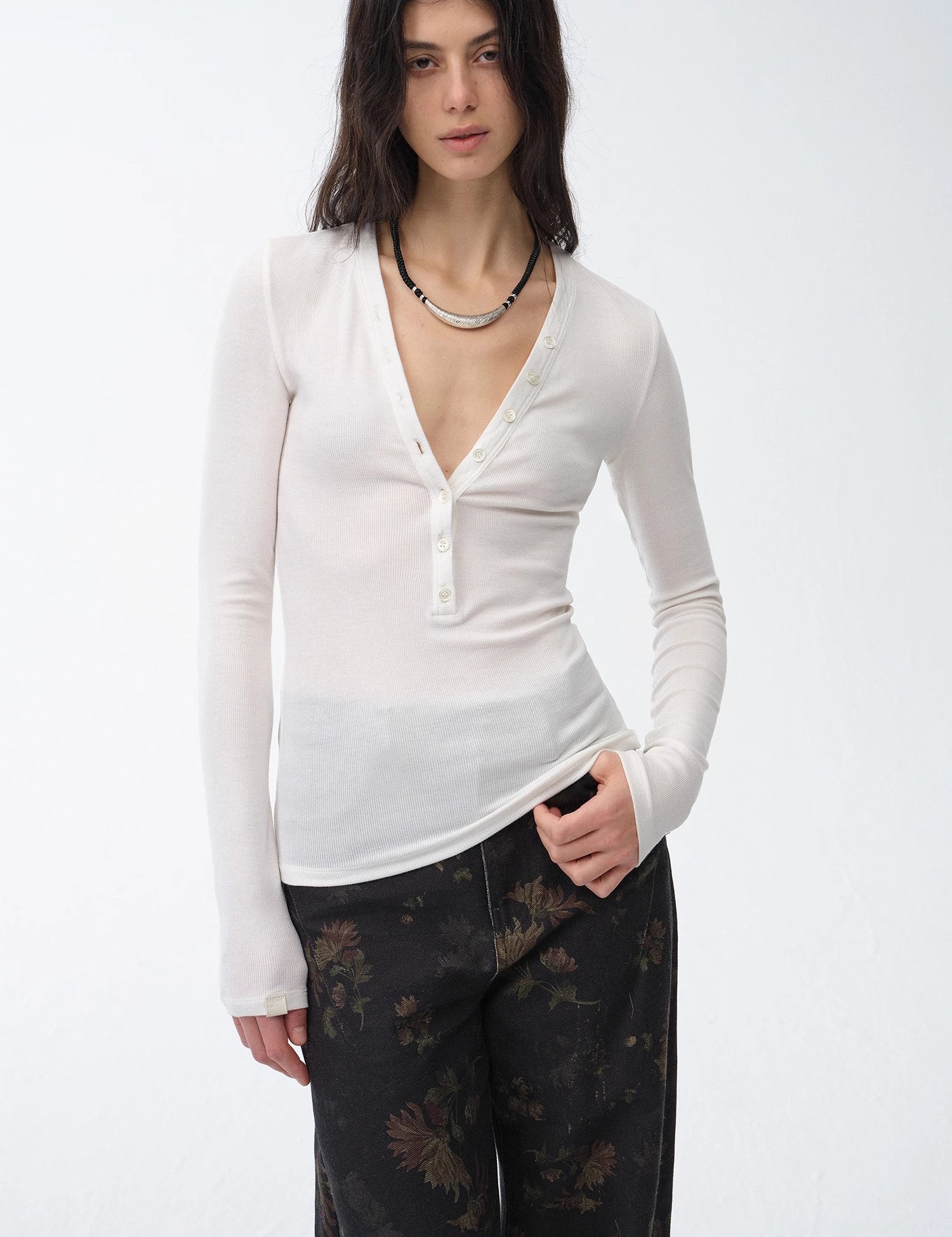 Long Sleeve V-Neck Button Knitted Bottoming Basic Tops"Pure Fashion"