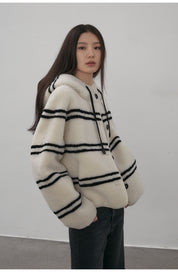 Snowy New Year Merino Sheepskin Lamb Wool Striped Jacket