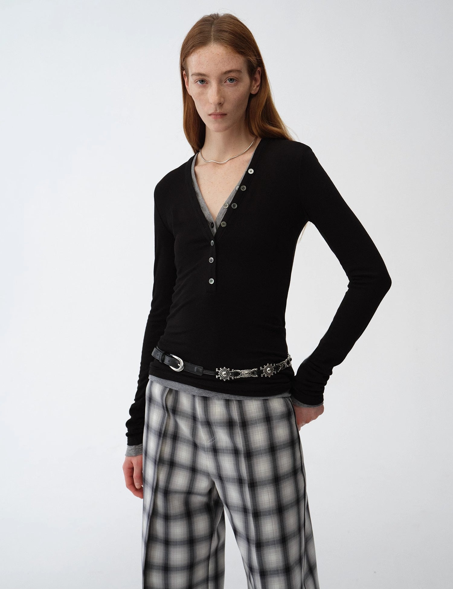 Long Sleeve V-Neck Button Knitted Bottoming Basic Tops"Pure Fashion"
