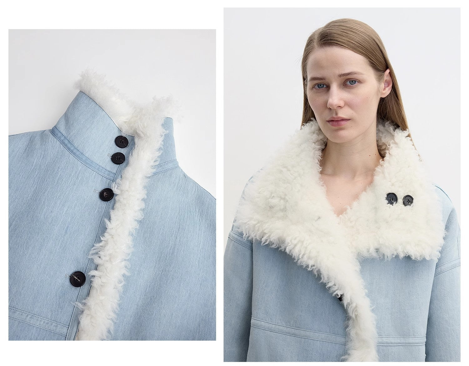 "Mint Glacier"Flip Collar Reversible Shearling Denim Wool Jacket