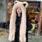 Cute cat ears fox fur scarf dual-purpose fur hat thick warm scarf with hood