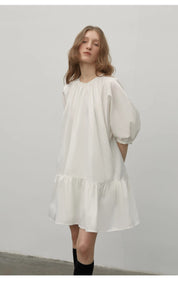 "Dream Island" Hepburn style white dress temperament high-end puff sleeve dress for women