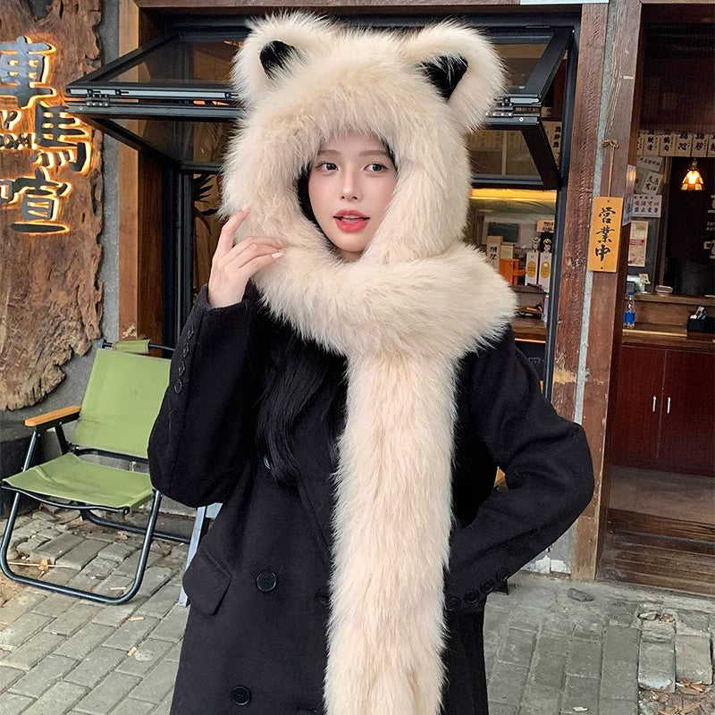 Cute cat ears fox fur scarf dual-purpose fur hat thick warm scarf with hood