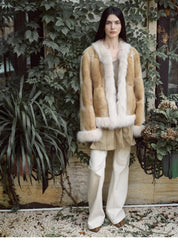 "Casual Gene" Wide Shoulder Straight Fit Blue Mink Fur Patchwork with Contrasting Fox Fur Coat for Women