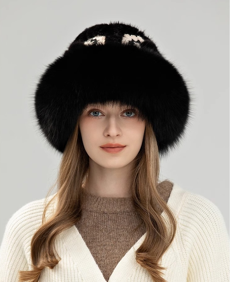 Ethnic style mink warm ear protection fox fur bucket hat