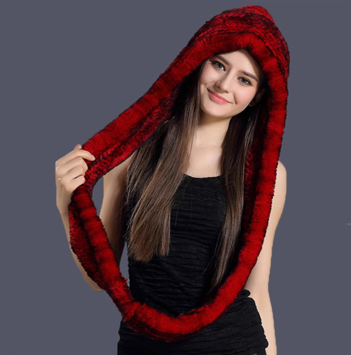 Rex rabbit fur scarf hat all in one warm snow hat neckband