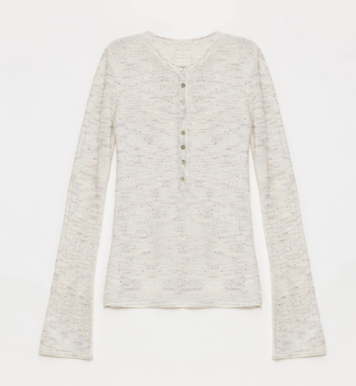 "Perry Moonlight" fashionable cotton and linen beaded fancy yarn waisted bell sleeves round neck cardigan knitted top