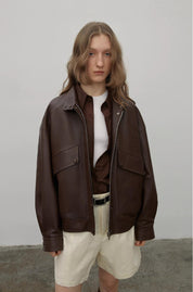 "Loveless Muse" Brown Retro Genuine Leather Jacket Women's Motorcycle Sheep Leather Jacket Short