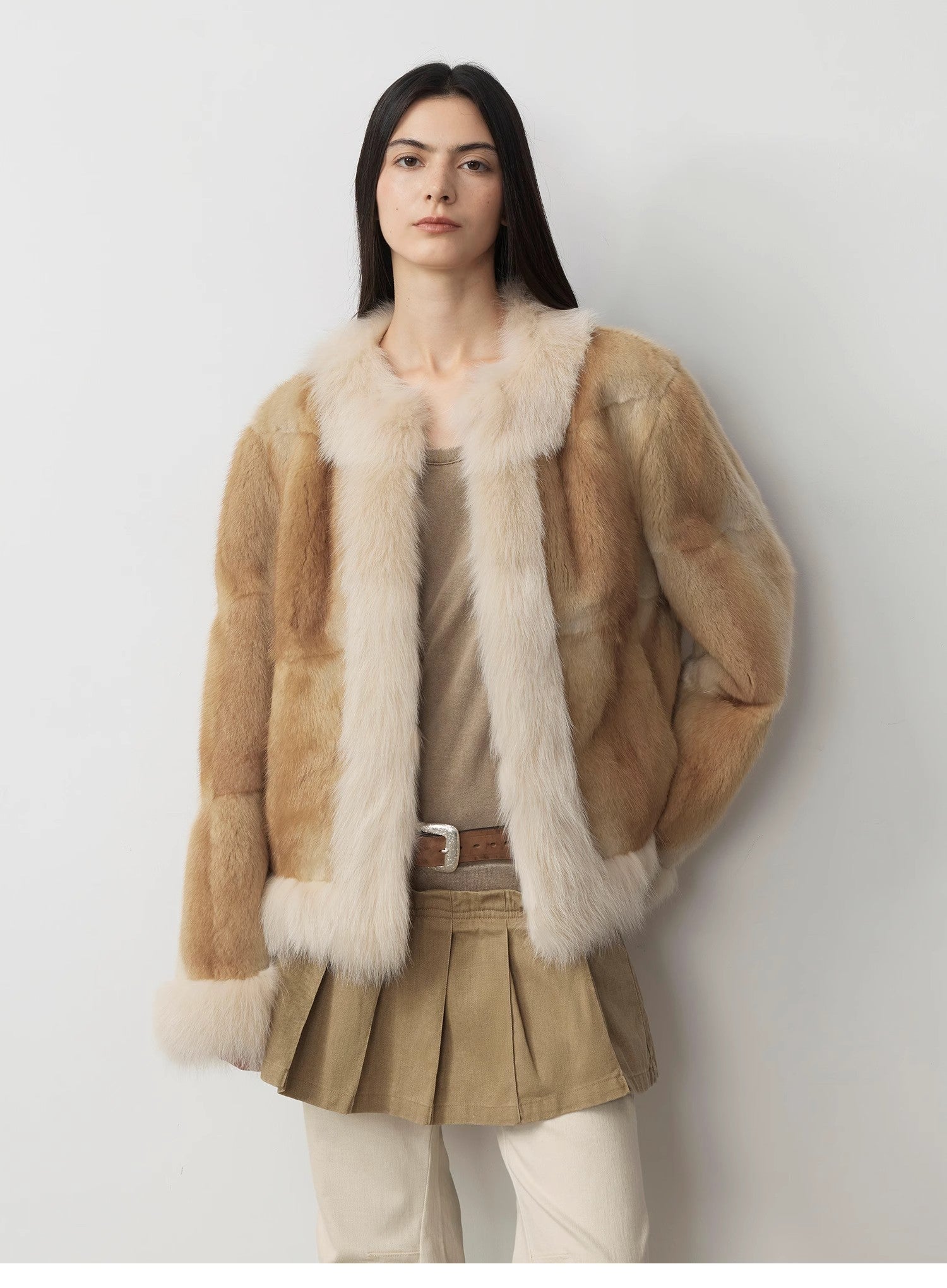 "Casual Gene" Wide Shoulder Straight Fit Blue Mink Fur Patchwork with Contrasting Fox Fur Coat for Women