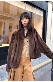 Warm coffee mink retro imported stand collar short mink fur coat