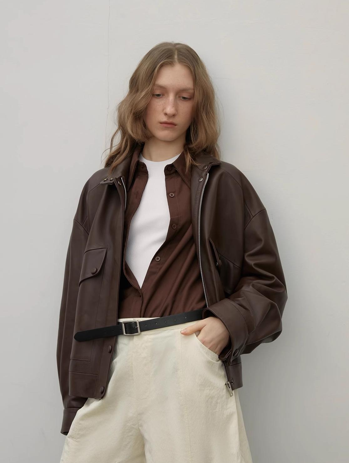 "Loveless Muse" Brown Retro Genuine Leather Jacket Women's Motorcycle Sheep Leather Jacket Short