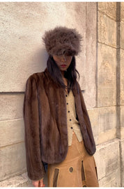 Warm coffee mink retro imported stand collar short mink fur coat