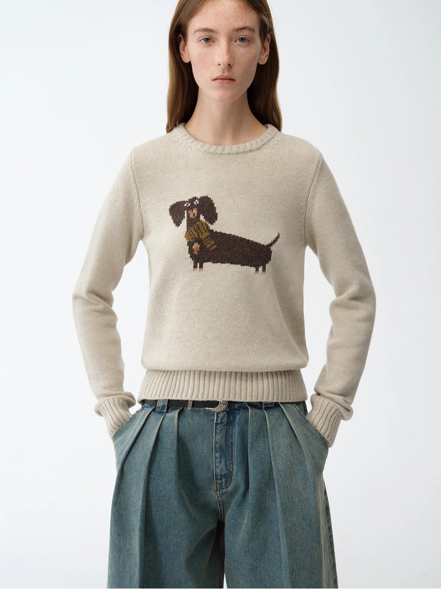 "Bra Anne" Superfine Merino Wool Cotton Blend Animal Jacquard Round Neck Sweater for Women