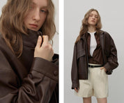 "Loveless Muse" Brown Retro Genuine Leather Jacket Women's Motorcycle Sheep Leather Jacket Short