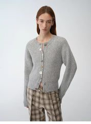 "Hokkaido Weaving Love" wool blend crew neck cardigan top