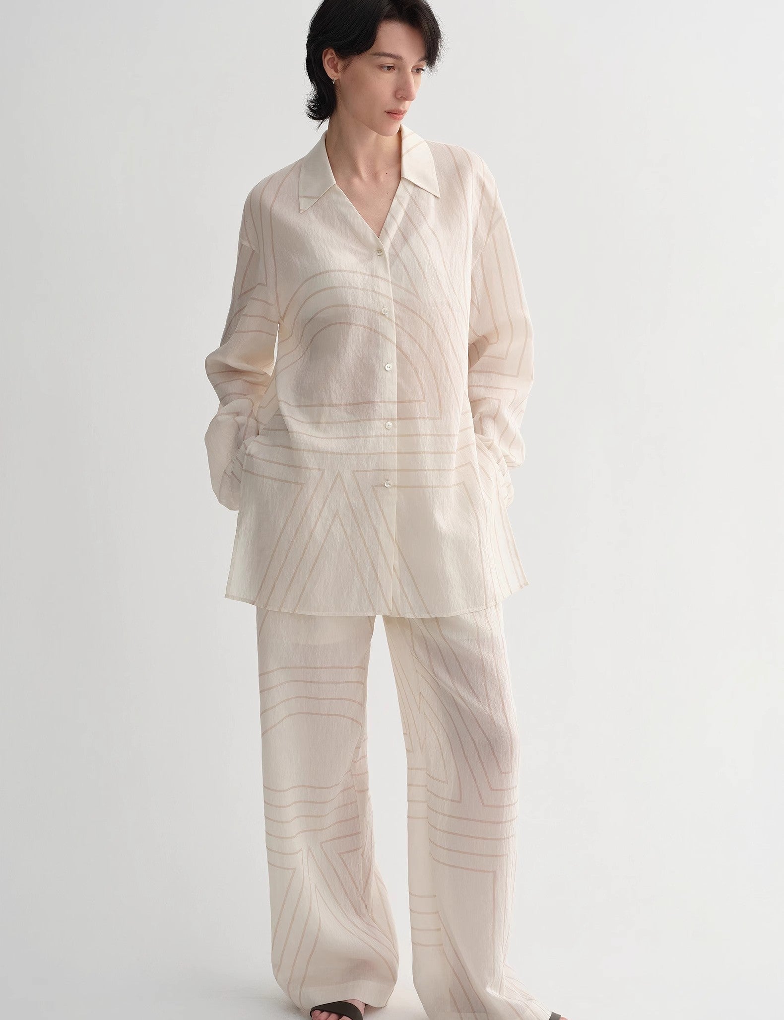 Linen original art stripe print classic lapel small V-neck design breathable shirt suit for women
