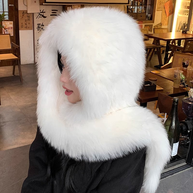 Fox Fur Hat Scarf Snow Hat Women Autumn Winter Warm High-end Double-sided Thickened Plush Earmuff Hat