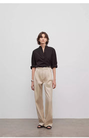 Spliced double-pleat wide-leg trousers straight-leg trousers for women