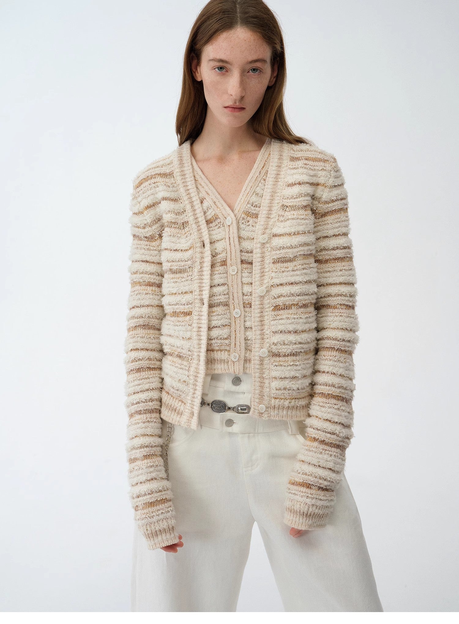 Nice Weekend Scented Striped Blended V-Neck Early Spring Layered Knitted Cardigan Top