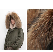 Cool and Sharp, fashionable casual design, warm short style, large hood, raccoon fur collar style jacket