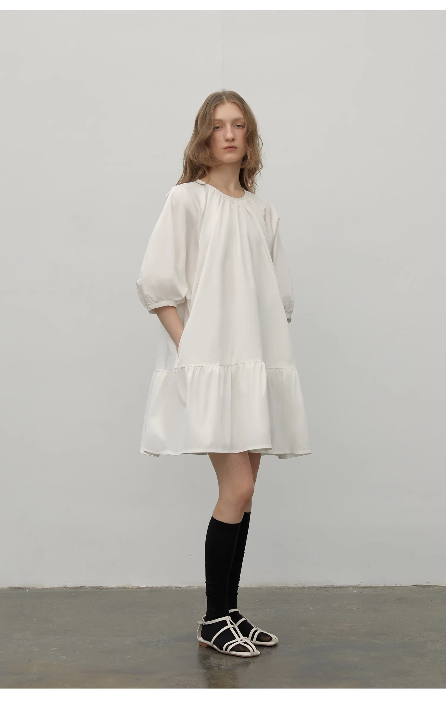 "Dream Island" Hepburn style white dress temperament high-end puff sleeve dress for women