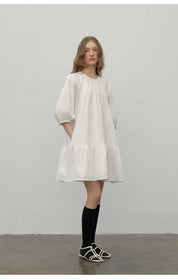 "Dream Island" Hepburn style white dress temperament high-end puff sleeve dress for women