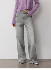 Vintage Heavy Wash Distressed Marble Pattern V-Shaped Segmented Slimming Textured Straight-Leg Denim Trousers