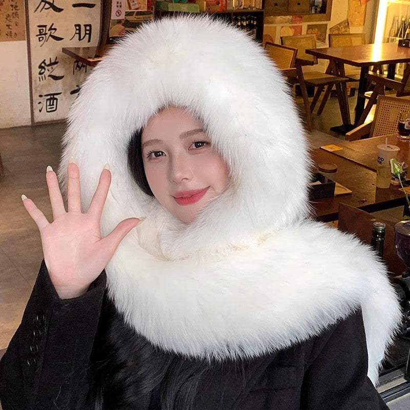 Fox Fur Hat Scarf Snow Hat Women Autumn Winter Warm High-end Double-sided Thickened Plush Earmuff Hat