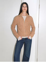 "Romantic Cable" vintage warm flower basic mohair wool cable blend zipper knitted cardigan