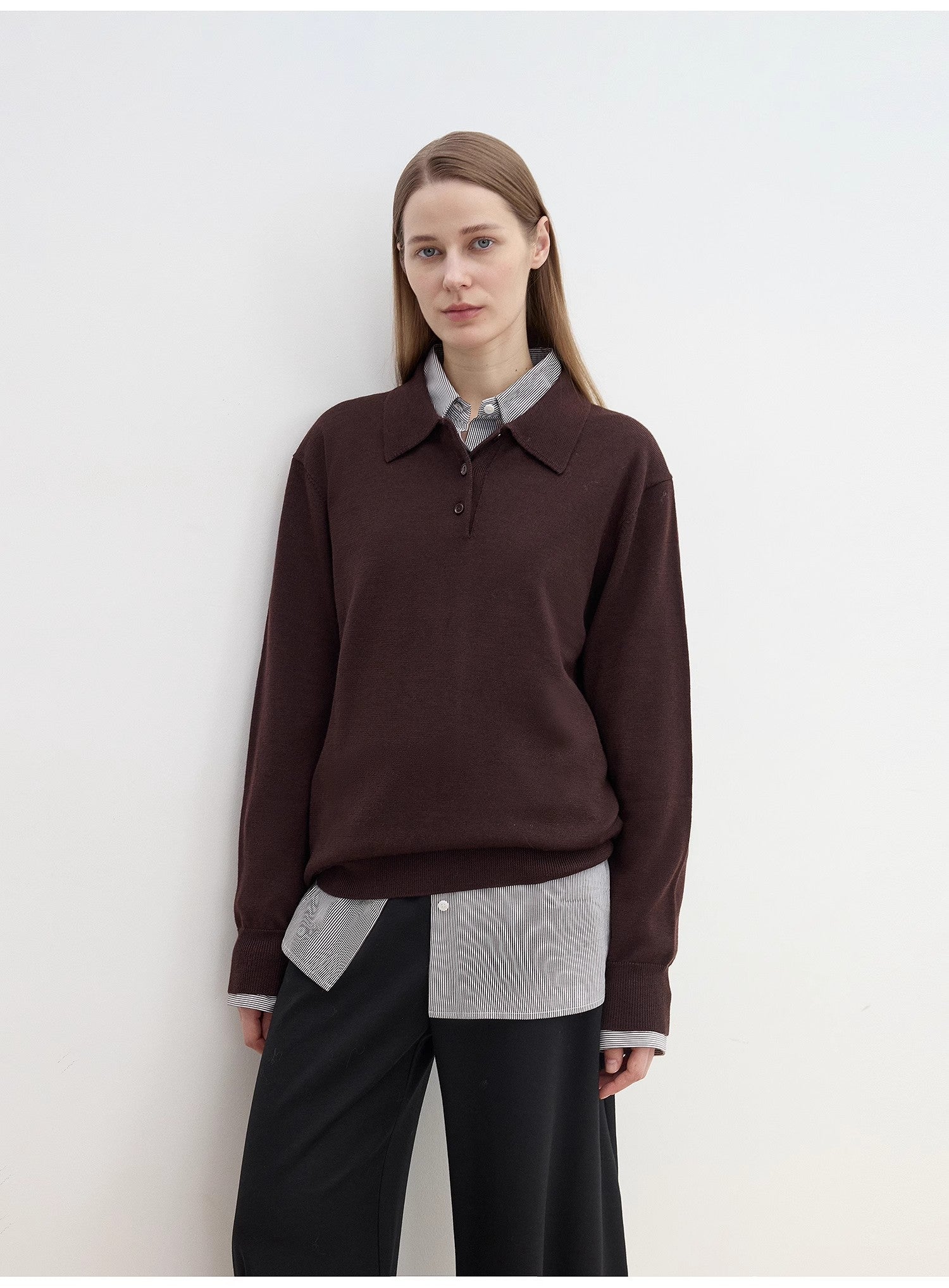 "Library Diary" Machine Washable Premium Wool Women's Polo Neck Loose Top